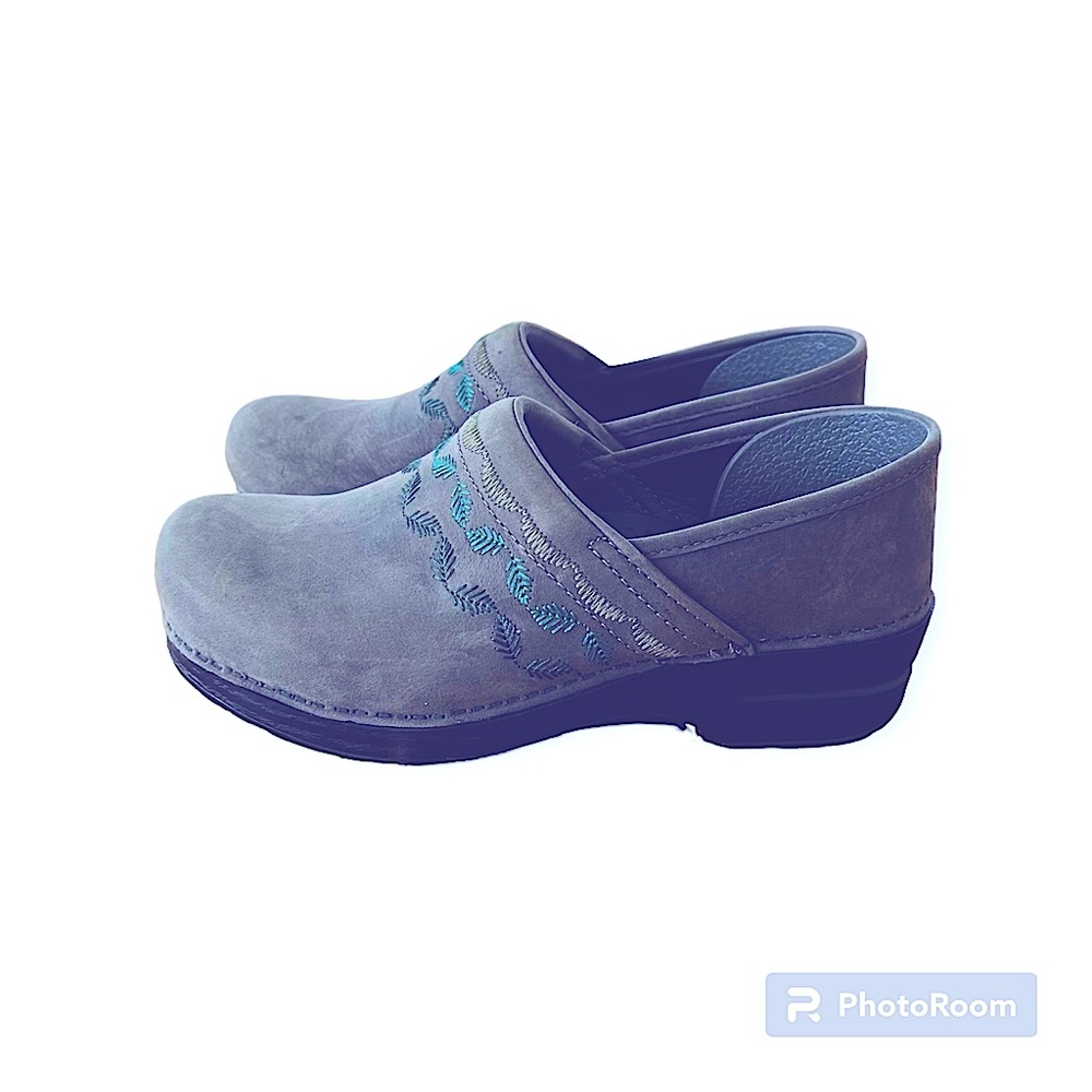 Dansko Embroidered "Nubuck" Suede Clogs